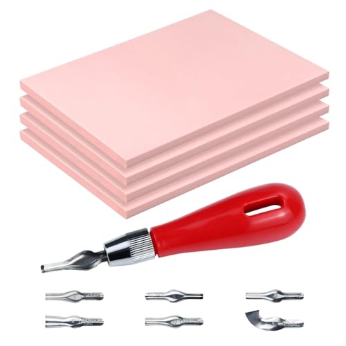 4 Pack 4"x6" Rubber Carving Blocks with Lino Cutter Tool Set | Smooth soft pink texture; interchangeable blades for linoleum printmaking, stamp making & DIY crafts