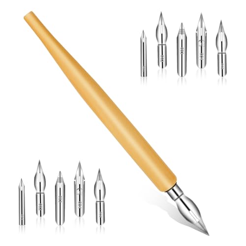 11PCS Comic Pen Nib Set, Oblique Calligraphy Dip Pen Set Fluid Writer Pen, Wooden Drawing Pen Holder with 10 Pieces Stainless Steel Pen Replacement Nibs Nib for Writing, Painting, Signing, Sketch - color: Wood