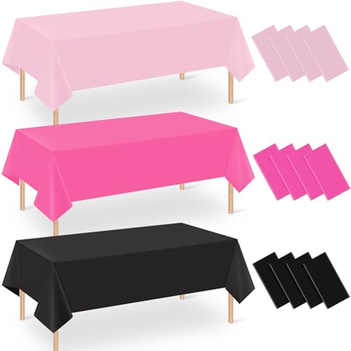 12 Pack Halloween Pink and Black Plastic Tablecloth for Rectangle Tables, Pink Black Disposable Table Cover, Rectangle Table Cloth for Girls Halloween Baby Shower Birthday Party Supplies Decorations - color: Black Light Pink Dark Pink