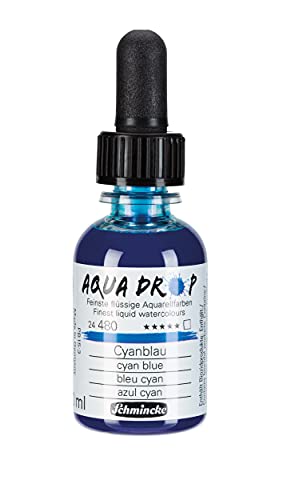 Schmincke - AQUA DROP, liquid, pigment-based watercolour, cyan blue in 30 ml pipette bottle, 24480034, for watercolorpainting, urban sketching, calligraphy, handlettering, lightfast - color: 480 cyan blue