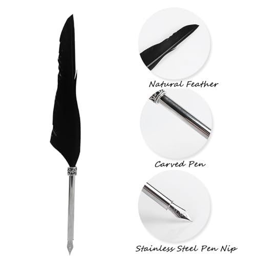 Quill Pen and Ink Set,Intage Calligraphy Feather Dip Pen Ink Leather Notebook Set,Including Feather Pen, Pen Nib Base, Notebook,Ink,Stationery Box for Him Men Dad (Black)