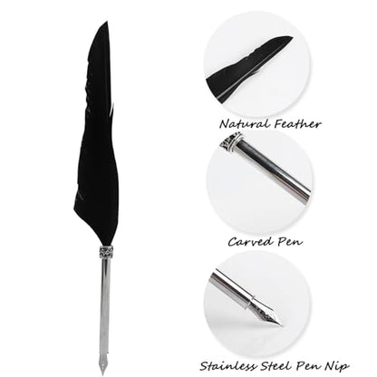 Quill Pen and Ink Set,Intage Calligraphy Feather Dip Pen Ink Leather Notebook Set,Including Feather Pen, Pen Nib Base, Notebook,Ink,Stationery Box for Him Men Dad (Black)