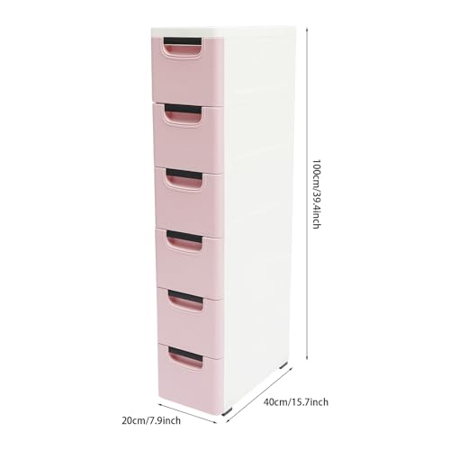 6 Drawers Plastic Storage Cabinet, Mobile Slim Utility Cart on Wheels, for Narrow Space Office Classroom Bedroom Bathroom (Pink) - color: Pink