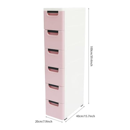 6 Drawers Plastic Storage Cabinet, Mobile Slim Utility Cart on Wheels, for Narrow Space Office Classroom Bedroom Bathroom (Pink) - color: Pink