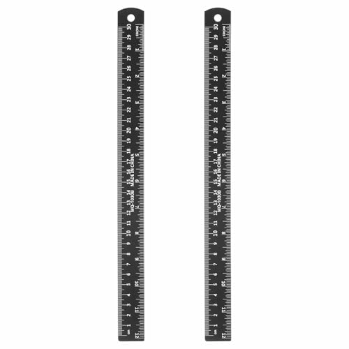 HARFINGTON 2pcs Metal Straight Ruler 30cm Metric SAE Aluminum Alloy Measuring Rulers Scale Tool with Hole for Measure Study Reading Classroom Office, Black - size: 30cm