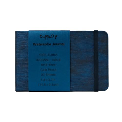 CuppaClip Leather Watercolor Journal, 300gsm/140lb 100% Cotton Cold Press Water Color Paper, 20 Sheets Acid-Free Watercolor Sketchbook Art Notebook for Painting, Drawing, Travel (Dark Blue, 5.8x3.7in) - color: Dark Blue, size: 5.8x3.7in