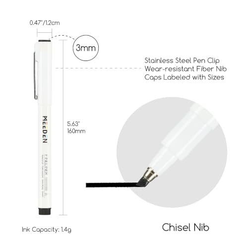MEEDEN Micro Fineliner Drawing Pens: 3mm Chisel Nib, 6 Pack, Black Ink | Waterproof archival ink for bold outlining, lettering, poster drawing, manga panels, filling, and expressive artwork - style: 3mm Chisel Nib