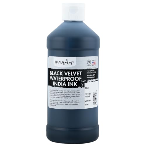 Handy Art Black Velvet Waterproof India Ink, 16 Fl Oz, Matte Black, Permanent, Smooth and Highly Opaque, for Technical Pens, Dip Pens, Calligraphy, Brushes, Airbrush, Safe & Non-Toxic, Made in USA - size: 16 Fl Oz
