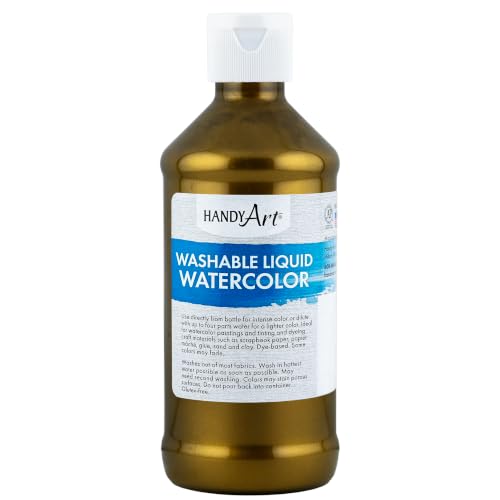 Handy Art Washable Liquid Watercolor Paint, Metallic Brass, 8 oz Bottle | Ready to Use Concentrated Dye-Based Liquid, Deep Color Strength, Dilute with Water, Certified Safe AP Non-Toxic, Made in USA - color: Metallic Brass