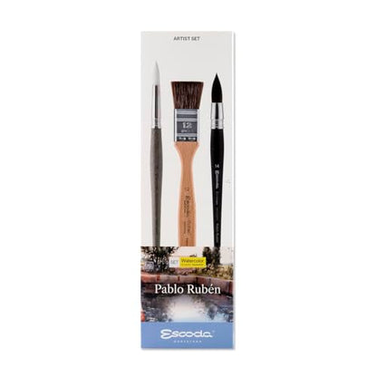 Escoda | Watercolour | Artist Set Pablo Rubén | Size 12,14,14 | 3 Brushes | Synthetic White Toray + Tendo | Round Pointed + Round mop + mottler - color: White/Brown/Black, size: Artist Set