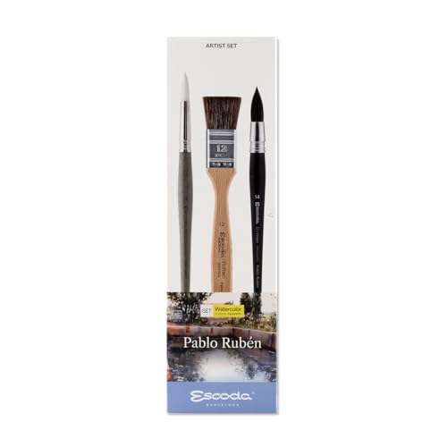 Escoda | Watercolour | Artist Set Pablo Rubén | Size 12,14,14 | 3 Brushes | Synthetic White Toray + Tendo | Round Pointed + Round mop + mottler - color: White/Brown/Black, size: Artist Set