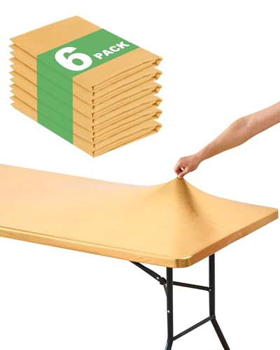 KeyWave Fitted Tablecloth Rectangle Table Cloths - 6 Pack 6 Foot Elastic Stretch Folding Table Top Cover Water-Resistant Reusable for Outdoor Picnic Camping Party Event, Stamping Gold, 72" L x 30" W - color: Stamping Gold, size: 6 ft - 6 Pack