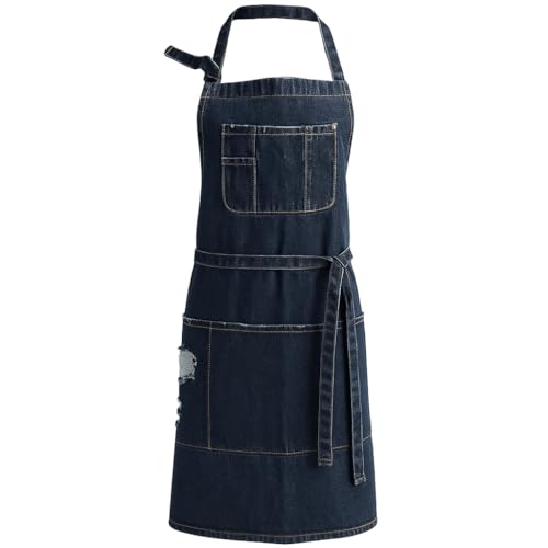 Denim Apron With 5 Pockets for Kitchens,Hairstylist Aprons for Women Men,Adjustable Bib Jean Apron for Arts Cafe Work - color: Dark Blue, style: Apron