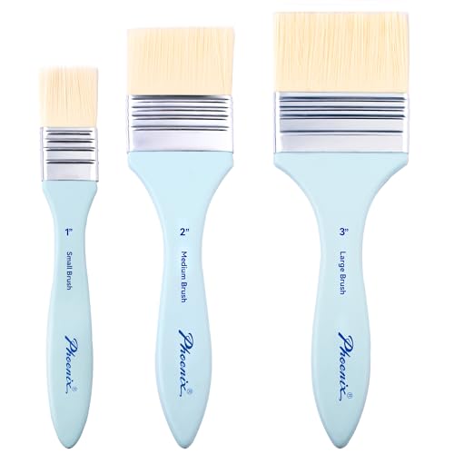 PHOENIX Flat Paint Brush Set - 3 Sizes Nylon Large Paint Brushes for Acrylic Painting, Gouache, Wood Furniture, Gesso, Varnishes & Wall
