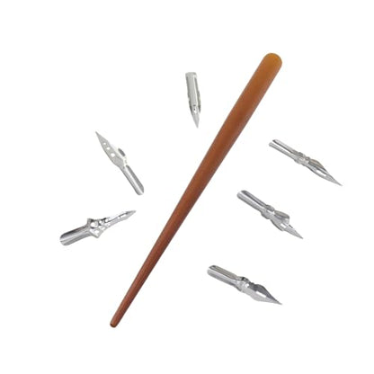 Dip Pen Set 1pcs Wooden Pen Nib Holder 6pcs Stainless Steel Replacement Fountain Pen Nibs for Calligraphy Drawing Signing Sketch Painting Writing (Brown) - color: Brown