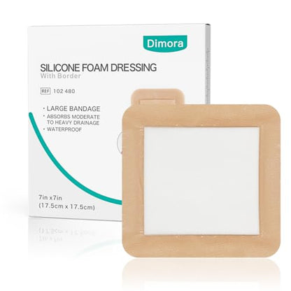 Dimora Large Bandage Silicone Foam Dressing Bordered Adhesive 7x7 - size: 7" x 7" (5 PCS), style: 7" x 7" (5 Pack)