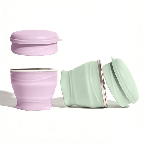 Collapsible Cup 2-Pack with Lids - 6oz Mini Silicone Folding Travel Cup with Steel Rim - BPA Free Pocket Cups for Camping, Hiking, Kids, Mouthwash & Pills (Purple & Green) - color: Purple & Green
