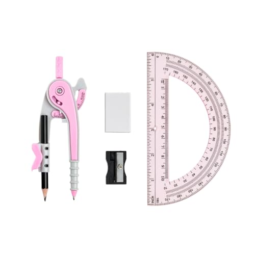 Vobou Compass for Geometry Set, 6 Inch Protractor, Clear Plastic (Pink) | 6 Inch Compass, Sharpener and Eraser, Easy Grip, Drafting Tool for Scool, Art, Drawing Precision Design for Math - color: Pink