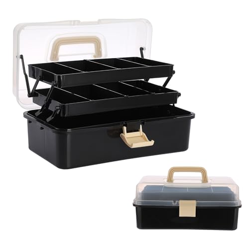 BTSKY 3-Layer Plastic Dividing Storage Box Craft Organizer and Storage | Portable Handled Art Supply Organizer with Adjustable Spacers Multipurpose Home Utility Box for Medicine Sewing(Black+Beige) - color: Black+Beige