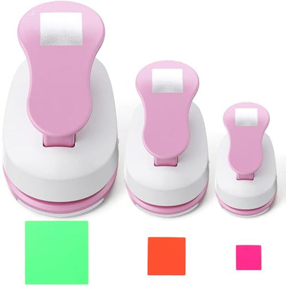 CHENGU 3 Pack Square Hole Punch 2"/1"/0.6", Pink | Paper Craft Cutters for Card Making, Shape Punches for Scrapbooking, Includes 10 Sheets Stickers, Photo Album DIY Projects - color: Pink, style: Square