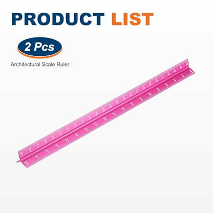 HARFINGTON 2 Pcs Architectural Scale Ruler, 12 Inch Standard Aluminum Alloy Architect Triangular Large Scale Laser-Etched Blueprint Drafting Ruler for Architects Engineers, Rose Red - color: Rose Red, size: 12 Inch