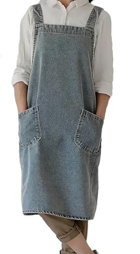 Cross Back Denim Apron for Women Men, Gardening Aprons with Large Pockets - color: Style B - Light Blue