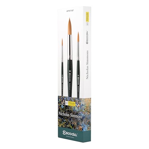 Escoda Signature Series Artist Watercolor Brush Set, Nicholas Simmons Set #1, Barroco Synthetic Gold Toray, Size (Round(8, 12, 20 - color: Nicholas Simmons 1, size: Artist Set