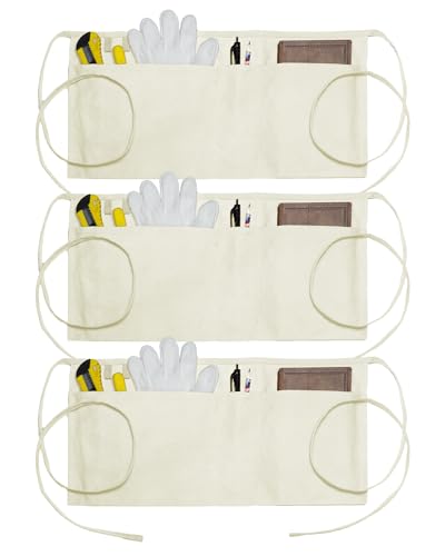 Canvas Work Waist Apron with 3 Pocket - color: 3 Pack Beige Unisex Adult Apron