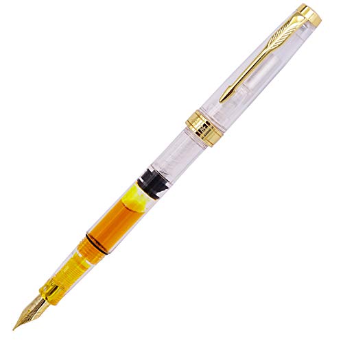 Lanxivi Yongsheng 3011 Demonstrator Clear Classical Fountain Pen Fine Nib Arrow Clip, Piston Filling System, Gold Trim, Set of 4 Pieces in transparent Color - color: 3011, F