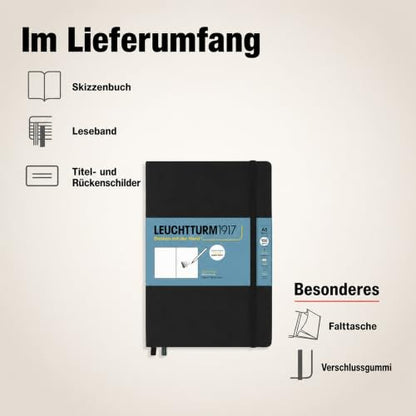 Leuchtturm1917 - Medium A5 Hardcover Sketchbook (Black) - 112 Pages of 150g/m² Paper - color: Black, size: Medium (A5)