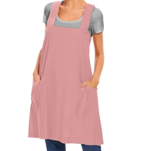 Larmliss Women's Cotton Cross Back Apron Pinafore Dress with Big Pockets Loose Square Apron for Baking Cooking Gardening - color: Pink, size: Small