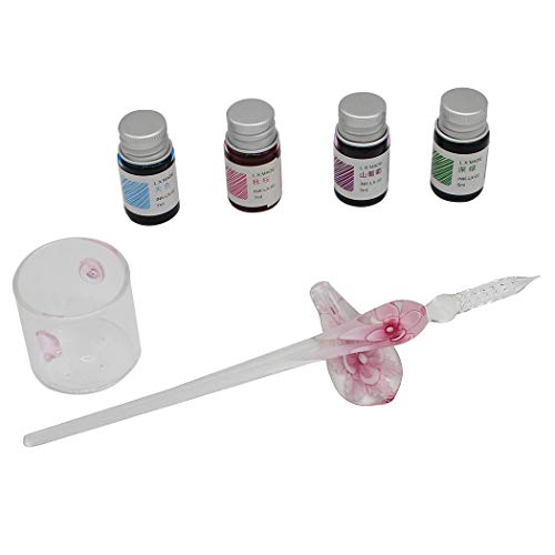 Crystal Glass Intarsia Dip Pen Fountain Pen Kit Vintage Calligraphy Signatures Pen with 4 Colors Ink, Pen Holder, Cleaning Cup, Pink - color: pink