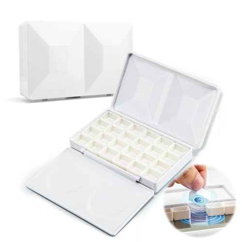 SEAMIART Travel Watercolor Palette with 24 Magnetic Half Pans, Small Enamel Folding Paint Box with Mixing Tray Lid, Empty Paint Case for DIY Watercolor Oils or Acrylics Painting - White - color: White, size: 4.9" x 2.9" x 1"