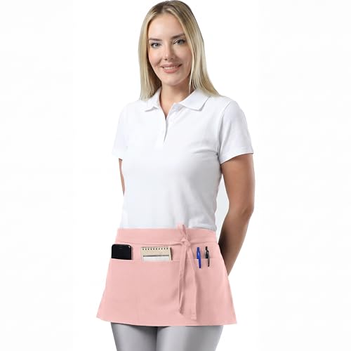 TOSHE Waist Apron 3 Pockets Waterdrop Resistant Cotton Server,Chef,Waitress - color: Powder Pink