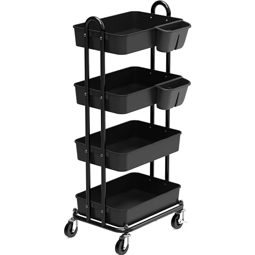 Simple Houseware 4-Tier Rolling Utility Cart with Hanging Bucket, Black - color: Black, size: 4-Tier