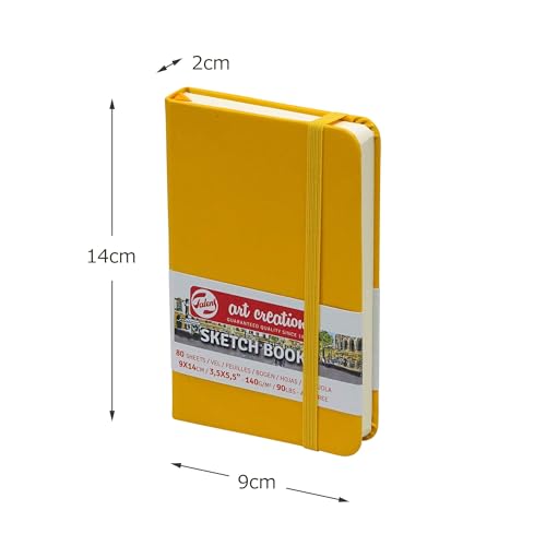Talens Art Creation Sketchbook, Golden Yellow, 80 Sheets, 3.5 x 5.5 in | Hard-Bound Pocket Notebook, 140 GSM/94 lbs Paper, Acid-Free Cream Blank Paper, Ribbon Bookmark, and Elastic Closure - color: goldenyellow, size: 9×14cm