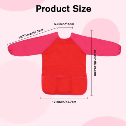 Kids Art Smocks,Colorful Toddler Painting Apron Waterproof Artist Smock with Long Sleeve and 3 Pockets for Kids 3-7 - color: Red
