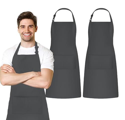 Adjustable Bib Apron 100% Polyester Kitchen Aprons Waterdrop Resistant Aprons with Adjustable Strap, Pockets & Long Ties - color: Grey, style: Pack of 2
