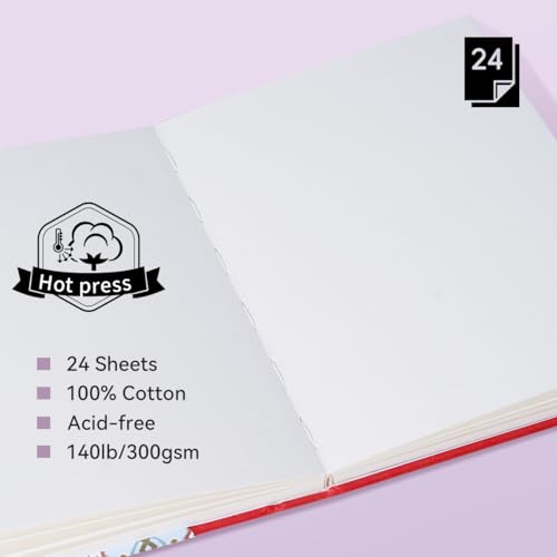 Arrtx Watercolor Sketchbook, 8.27x5.79 Hot Press | 140LB/300GSM, 100% Cotton, Hardcover, 24 Sheets. Ideal Travel Notebook for Artists, Adults, and Students - size: 8.27x5.79''
