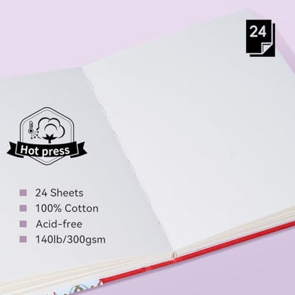 Arrtx Watercolor Sketchbook, 8.27x5.79 Hot Press | 140LB/300GSM, 100% Cotton, Hardcover, 24 Sheets. Ideal Travel Notebook for Artists, Adults, and Students - size: 8.27x5.79''