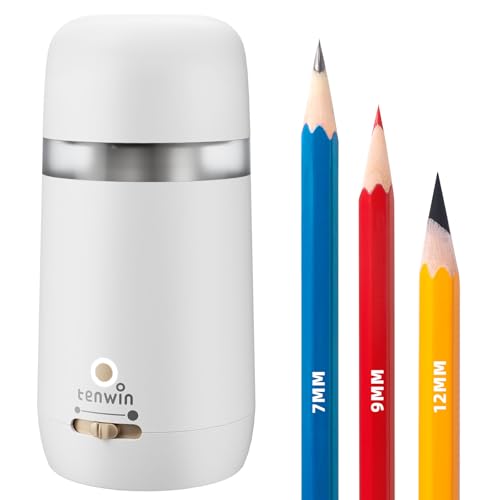 tenwin Electric Pencil Sharpener for 7-12mm Pencil Built-in Breathing Light | Fully Automatic, Rechargeable Pencil Sharpener Cordless, Handsfree Auto in&Eject, 3 Selectable Adjustable Pencil Nibs - color: White