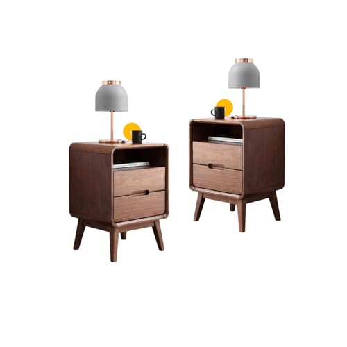 Solid Wood Nightstand Set of 2, Walnut Night Stand with 2 Drawers and Open Storage, Bedside Table for Bedroom, Mid Century Modern Nightstands for Dorm - color: Walnut 2 Drawer, size: 2 PACK
