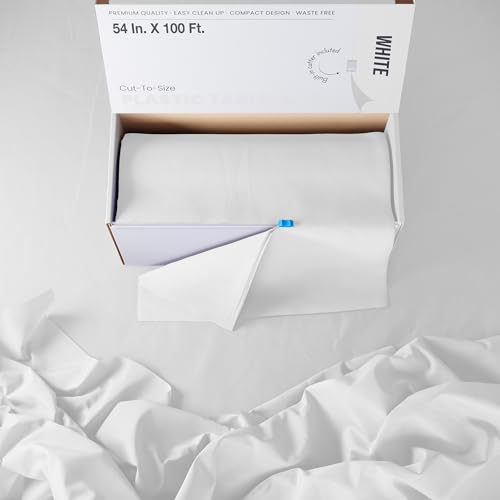 Exquisite Party Solids 54 Inch X 100 Feet White Plastic Table Cover Roll in A Cut - to - Size Box with Convenient Slide Cutter. Cuts Up to 12 Rectangle 8 Feet Plastic Disposable Tablecloths - color: White, size: 100 Feet
