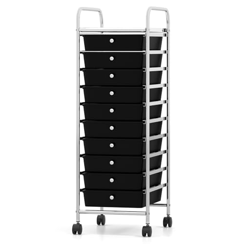 RELAX4LIFE 10-Drawer Rolling Storage Cart, Utility Cart with Metal Frame, Lockable Wheels & Removable Drawers, Multipurpose Art Craft Organizer for Home Office Classroom (Black) - color: Black, size: 38''H