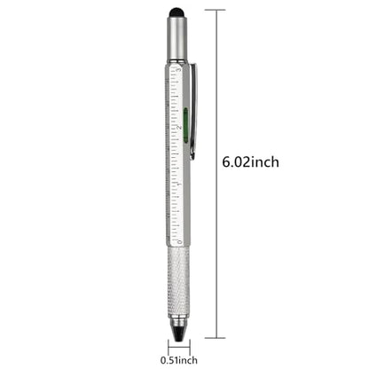 DUNBONG 6-in-1 Multi Pen, Stylus/Screwdriver, 0.7mm Black - Silver | Aluminum prismatic non-slip grip | Rotary no-cap design | Ruler & level built-in | Refillable | Long-lasting clip - color: Silver