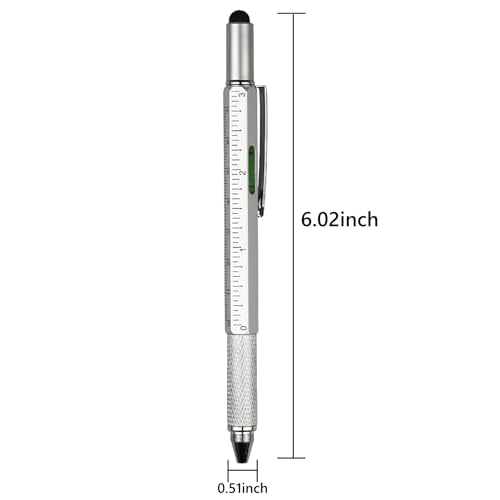 DUNBONG 6-in-1 Multi Pen, Stylus/Screwdriver, 0.7mm Black - Silver | Aluminum prismatic non-slip grip | Rotary no-cap design | Ruler & level built-in | Refillable | Long-lasting clip - color: Silver