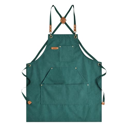 Aoomzoon Canvas Aprons for Men Chef Apron, Work Apron with Large Pockets - 16oz Heavy Duty Cross Back, BBQ, Cooking - color: Green