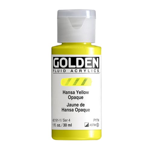 GOLDEN Fluid Acrylics, Hansa Yellow Opaque, 1 fl. oz. Bottle | Artist grade acrylic paint with rich pigment load and a flowing constency useful for even coverage and fine details.