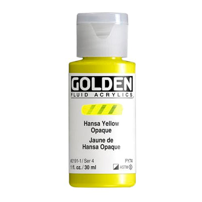 GOLDEN Fluid Acrylics, Hansa Yellow Opaque, 1 fl. oz. Bottle | Artist grade acrylic paint with rich pigment load and a flowing constency useful for even coverage and fine details.