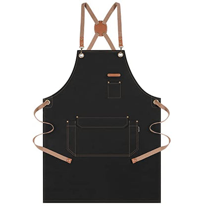 Genixart Chef Apron Men Women, Kitchen Aprons Cooking, BBQ - Black | Box Packed, Cotton Canvas, Cafe, Bar, Workshop, Restaurant, Water & Oil Stain Resistant, Cross Back Adjustable, Large Pockets - color: Black